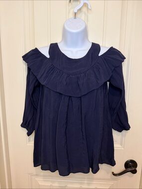 Maeve Navy Cold-Shoulder Ruffle Yoke Blouse
